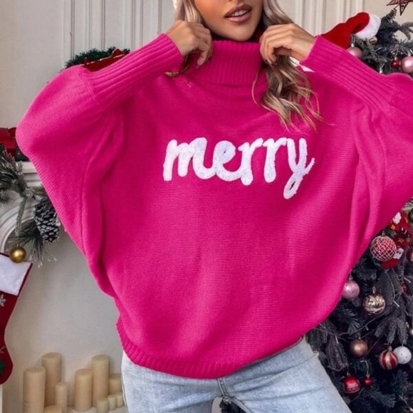 Holiday Turtleneck Dolman Sleeve knit Sweater top Pink - Picture 4 of 7